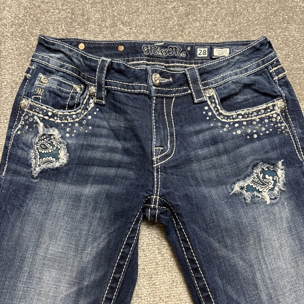 Miss Me 28 Signature Boot Low Rise Embellished Patched Holes Distressed Medium - Picture 5 of 11